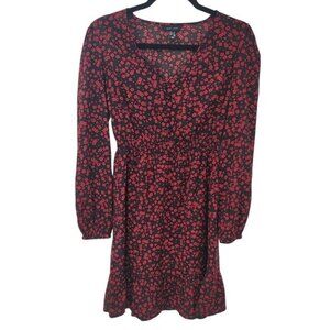 New Look Ditsy Floral Mini Dress Red Black Size 4 Long Sleeve Stretch